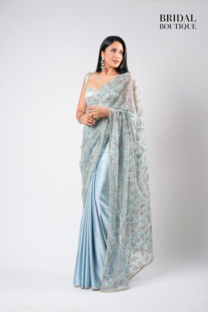 Pastel Blue Silk With Crystal Net