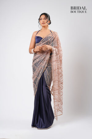 Navy Blue Silk With Crystal Net