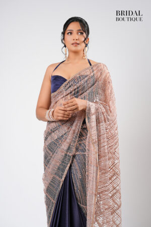 Navy Blue Silk With Crystal Net