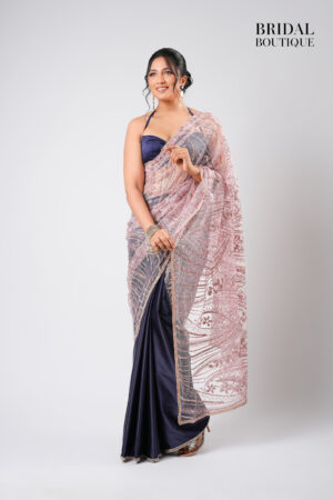 Navy Blue Silk With Crystal Net