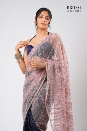 Navy Blue Silk With Crystal Net