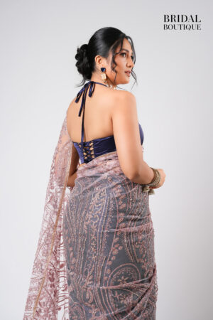 Navy Blue Silk With Crystal Net