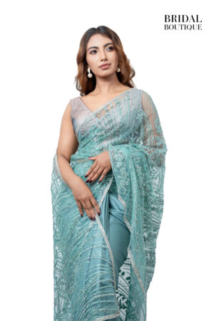 Teal Blue Silk With Crystal Net