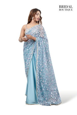 Pastel Blue With Floral Glitter Net