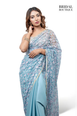 Pastel Blue With Floral Glitter Net