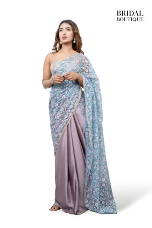 1247 Purple Silk With Floral Glitter Net