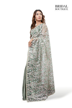 1564 Sage Green With Floral Glitter Net