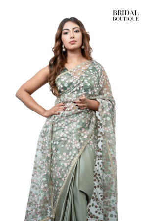 1572 Sage Green With Floral Glitter Net